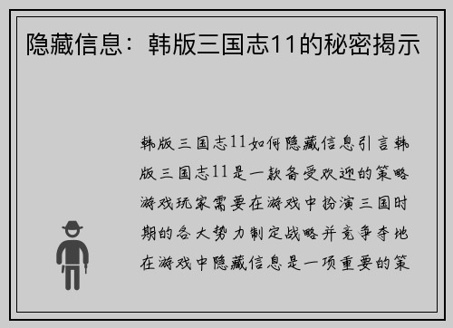 隐藏信息：韩版三国志11的秘密揭示